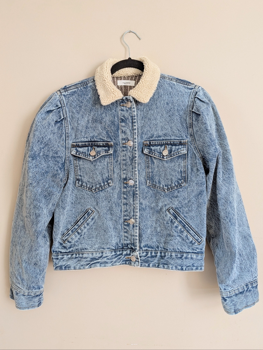Isabel Marant Étoile Nolinea Puff Sleeve Denim Jacket Lined Sherpa Collar Size M